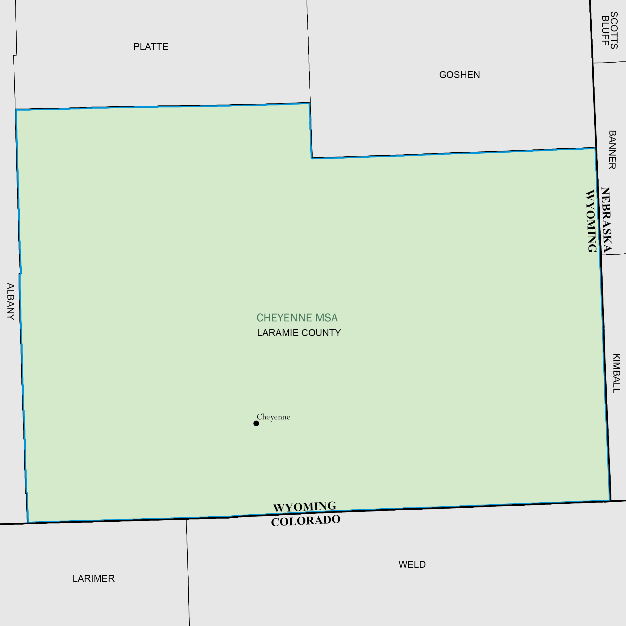 Image of the Cheyenne Metropolitan Statistical Area (highlighted in green and covering all of Laramie County, WY).